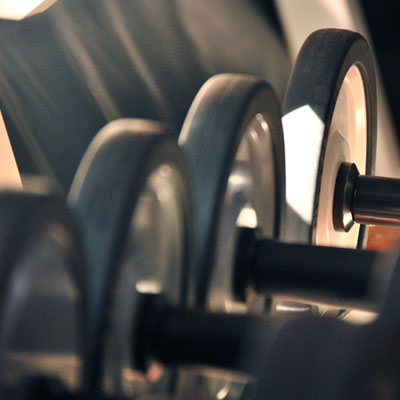 A row of weights ready for a workout.